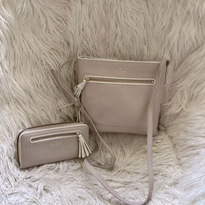 Pale pink with white trim Kate spade pocket book and wallet